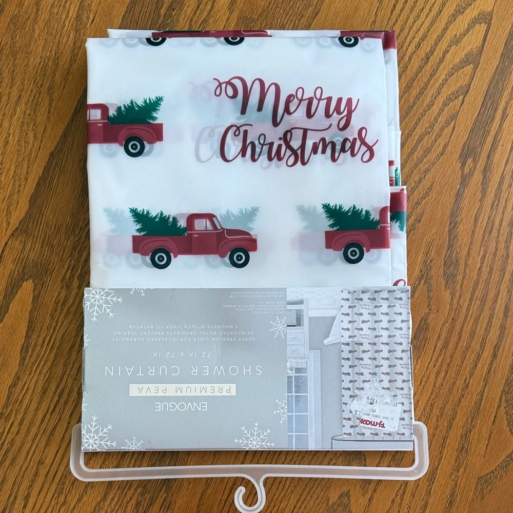 Merry Christmas Red Farm Truck Shower Curtain - Red and Green - Envogue - Picture 1 of 1